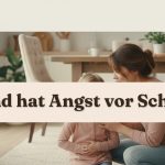 Kind hält sich den Bauch, Mama kniet daneben und tröstet. Aufschrift: Kind hat Angst vor Schule