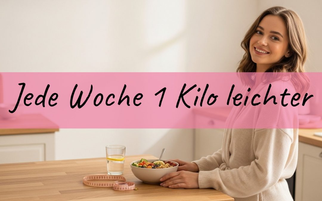 Frau in heller Küche mit frischem Essen, Wasser und Maßband, Sinnbild für Abnehmen ohne Sport und Diät