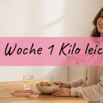 Jede Woche 1 Kilo leichter: 17 geniale Tricks zum Abnehmen ohne Sport und Diät 1 Frau in heller Küche mit frischem Essen, Wasser und Maßband, Sinnbild für Abnehmen ohne Sport und Diät