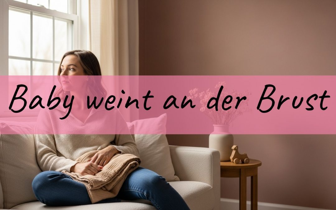 Mama hält ihr weinendes Baby liebevoll im Arm als Symbol für Baby weint und will ständig an die Brust