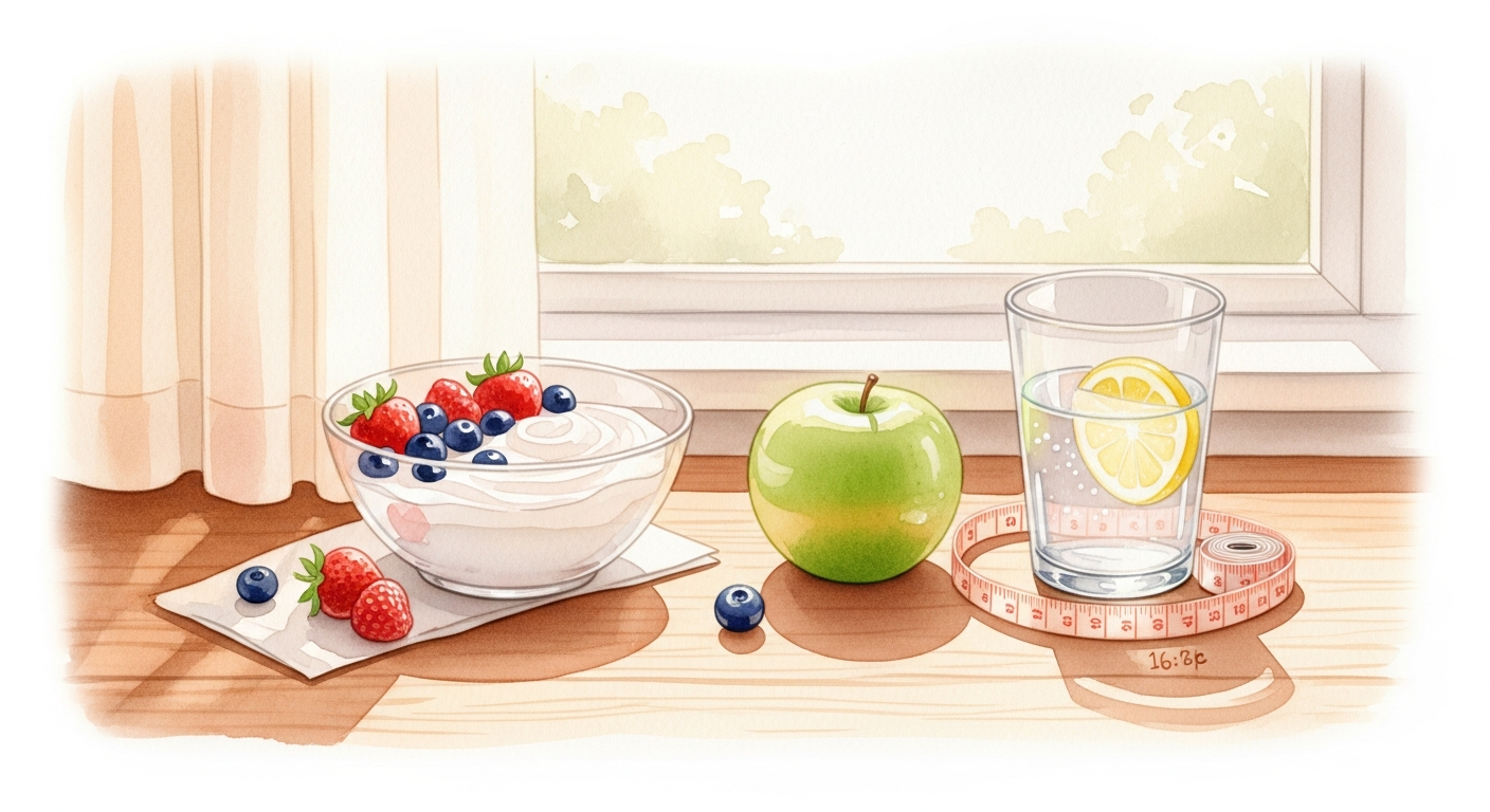 Stillleben mit frischem Obst, Joghurt, Wasser und Maßband, Sinnbild für gesundes Abnehmen ohne Diät