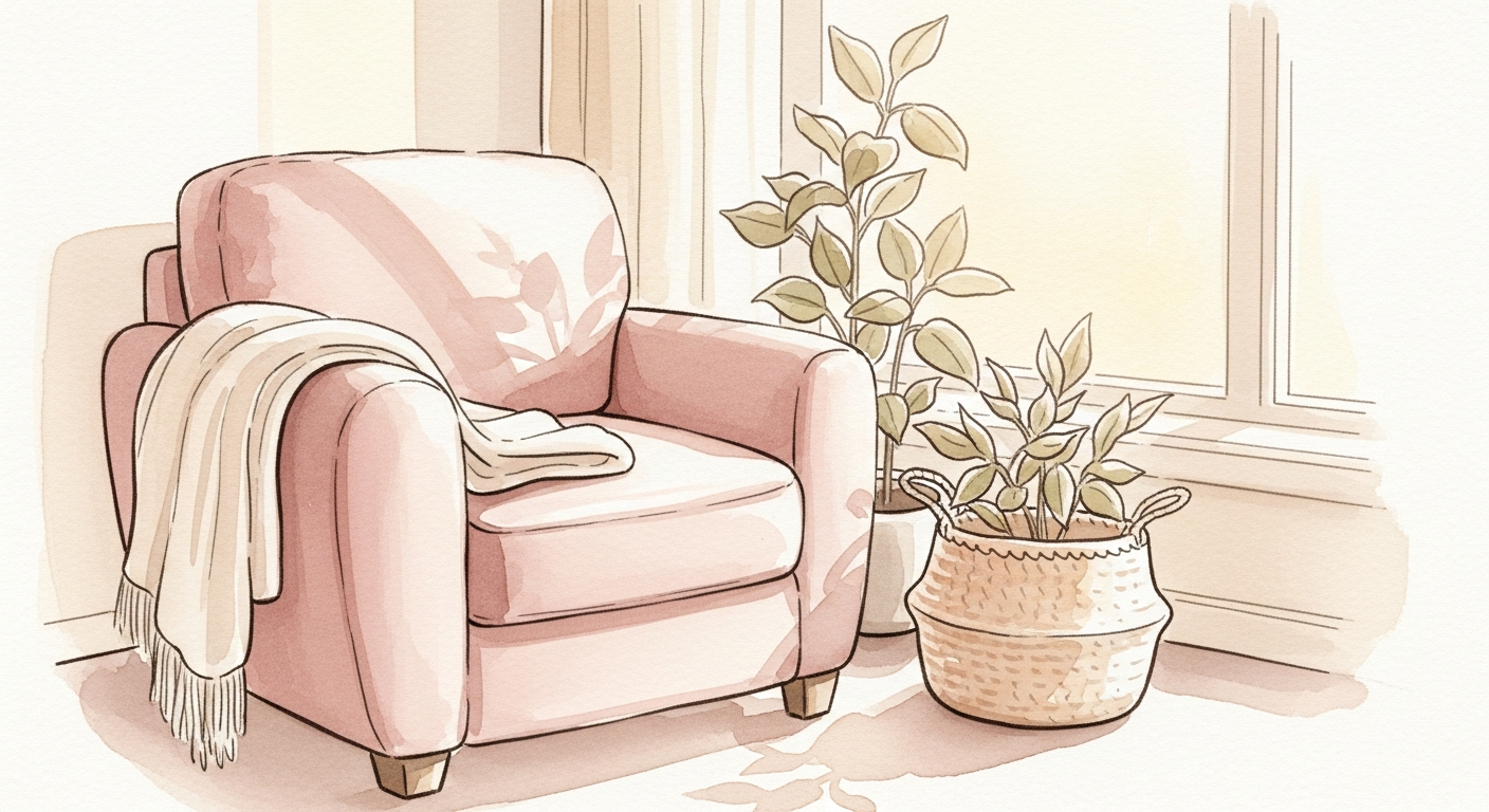 Ruhige Wohnzimmer-Ecke mit Sessel und Decke, Sinnbild fuer Ruhe wenn das Baby viel schreit