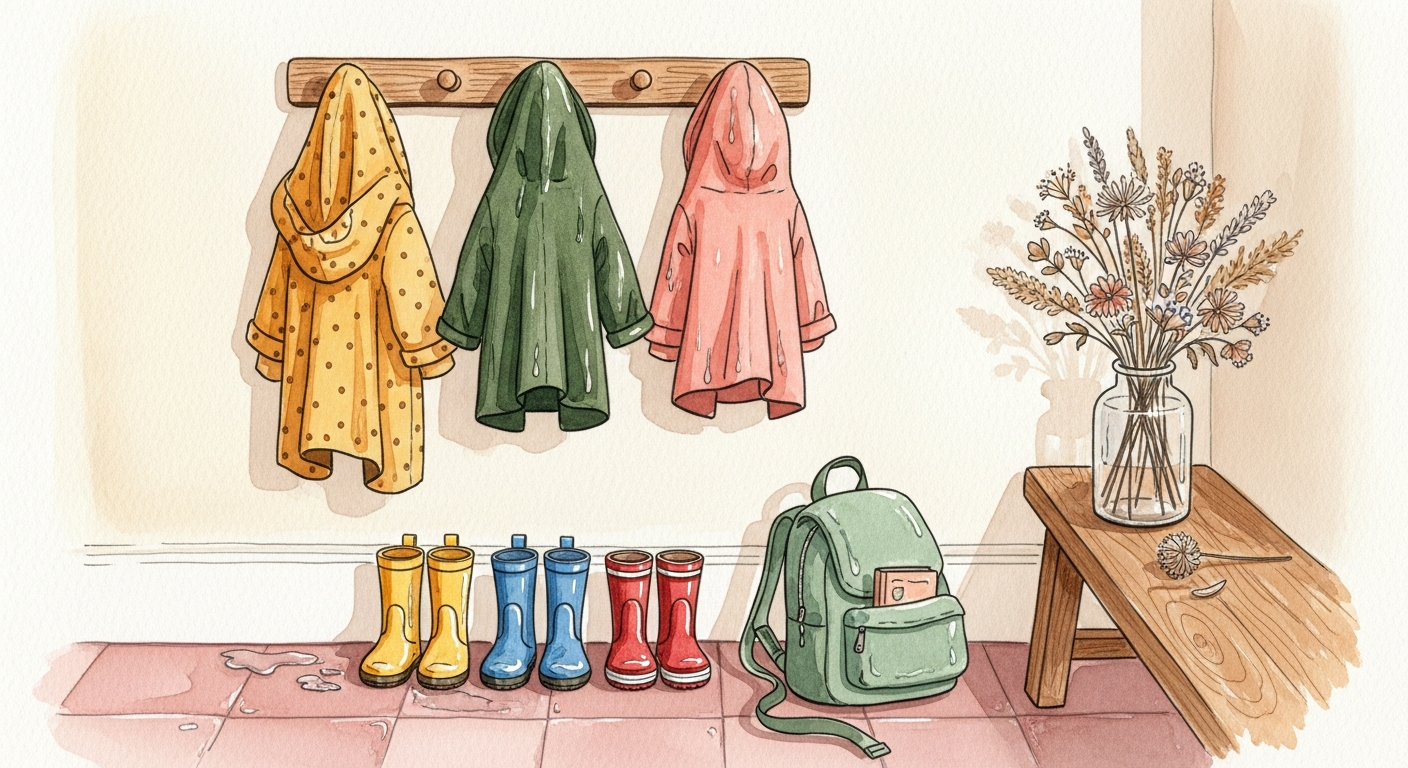 Garderobe mit Kinderjacken und Schuhen als Symbol für den Übergang in die Kita
