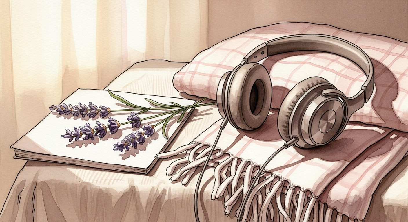 Lavendel und Kopfhörer als Anker für die Hypnose-Routine zur Geburtsvorbereitung