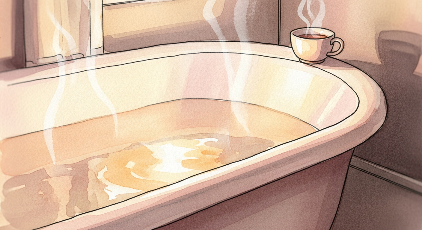 Geburtsbericht von Lara: Meine mega entspannte Geburt nach Kaiserschnitt und schwerer zweiter Geburt 1 Warme Badewanne im sanften Licht, Sinnbild für die entspannte Wassergeburt