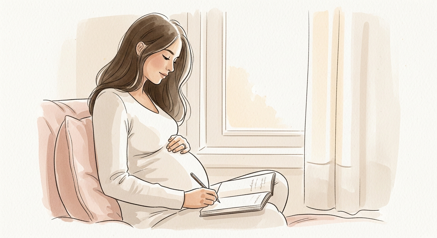 Innere Kliniktasche packen: Mentale Geburtsvorbereitung in 5 Schritten 2 Schwangere Frau schreibt in ihr Geburtsjournal, Tipp aus der inneren Kliniktasche