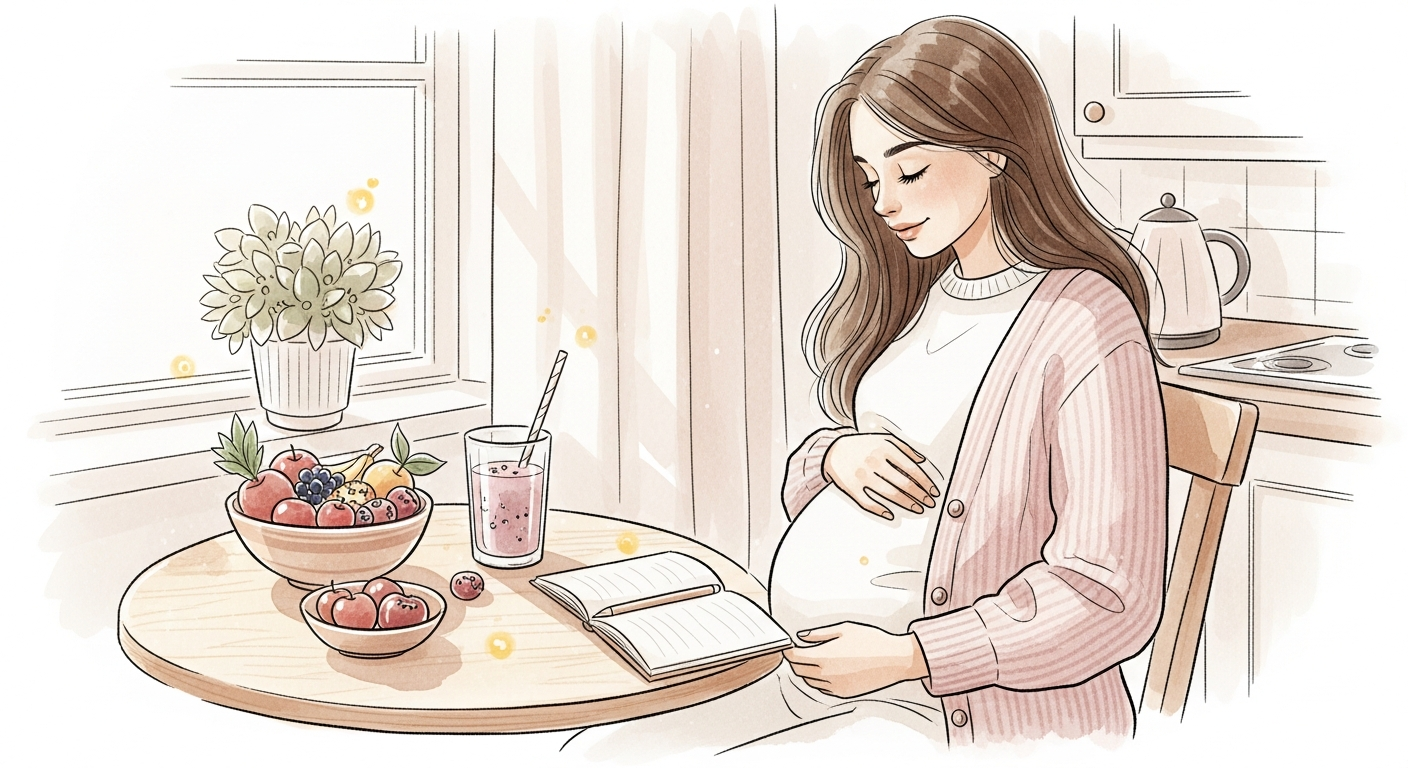 Schwangere Frau am Frühstückstisch als Symbol für bewusste Ernährung in der Geburtsvorbereitung