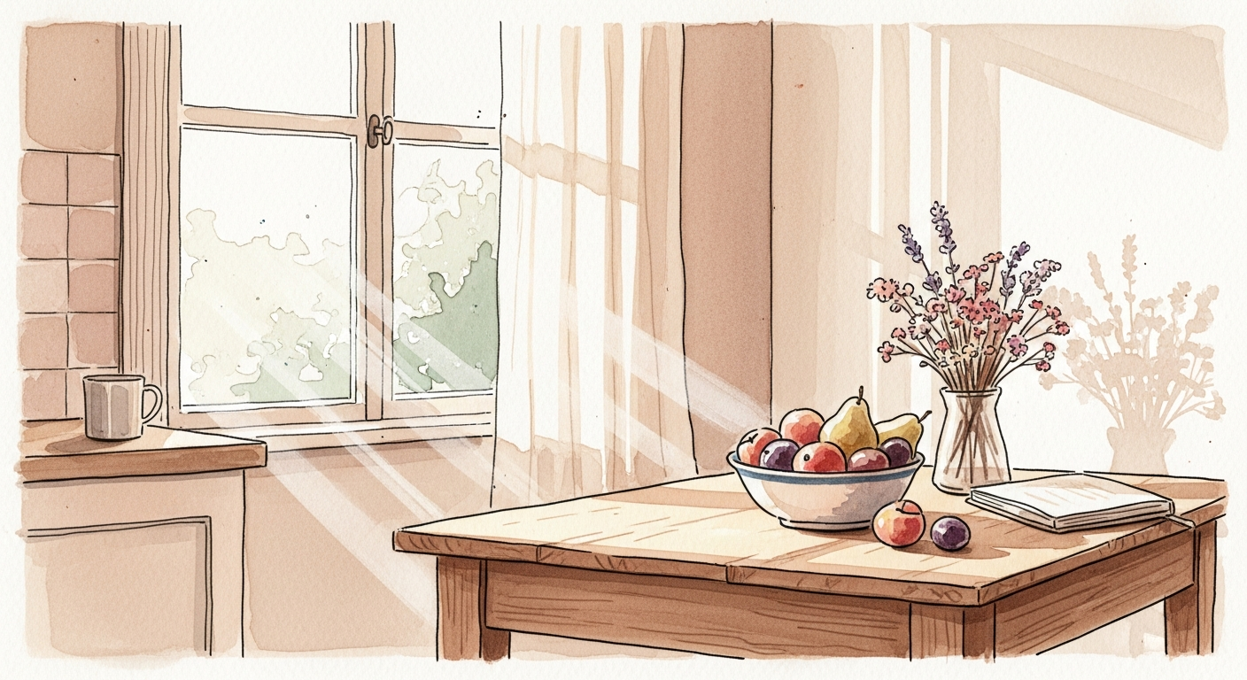 Ruhige Kueche mit Holztisch und Blumen, Sinnbild fuer den Alltag in dem Kinder eigentlich nicht aergern wollen