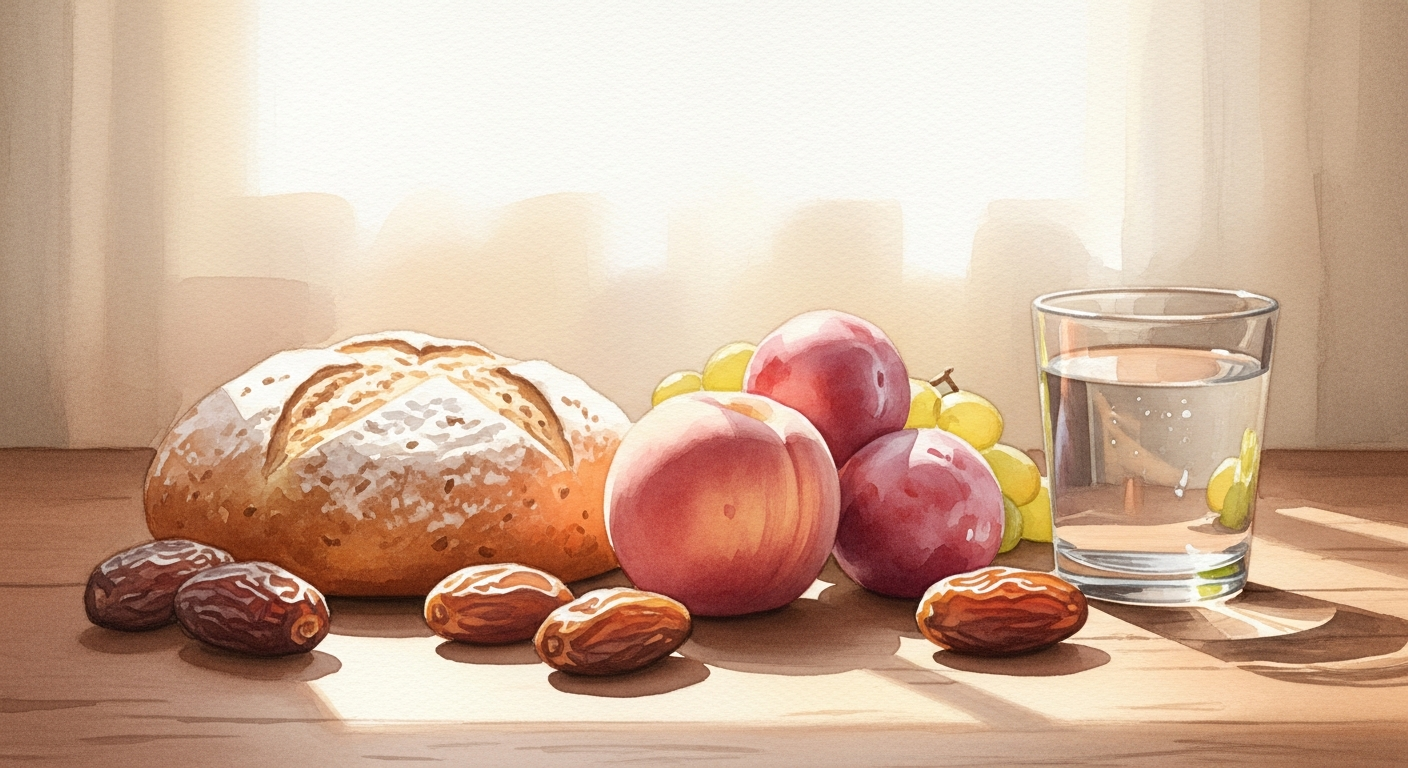 Stillleben mit frischem Obst, Datteln und Vollkornbrot, Sinnbild fuer zuckeraermere Ernaehrung