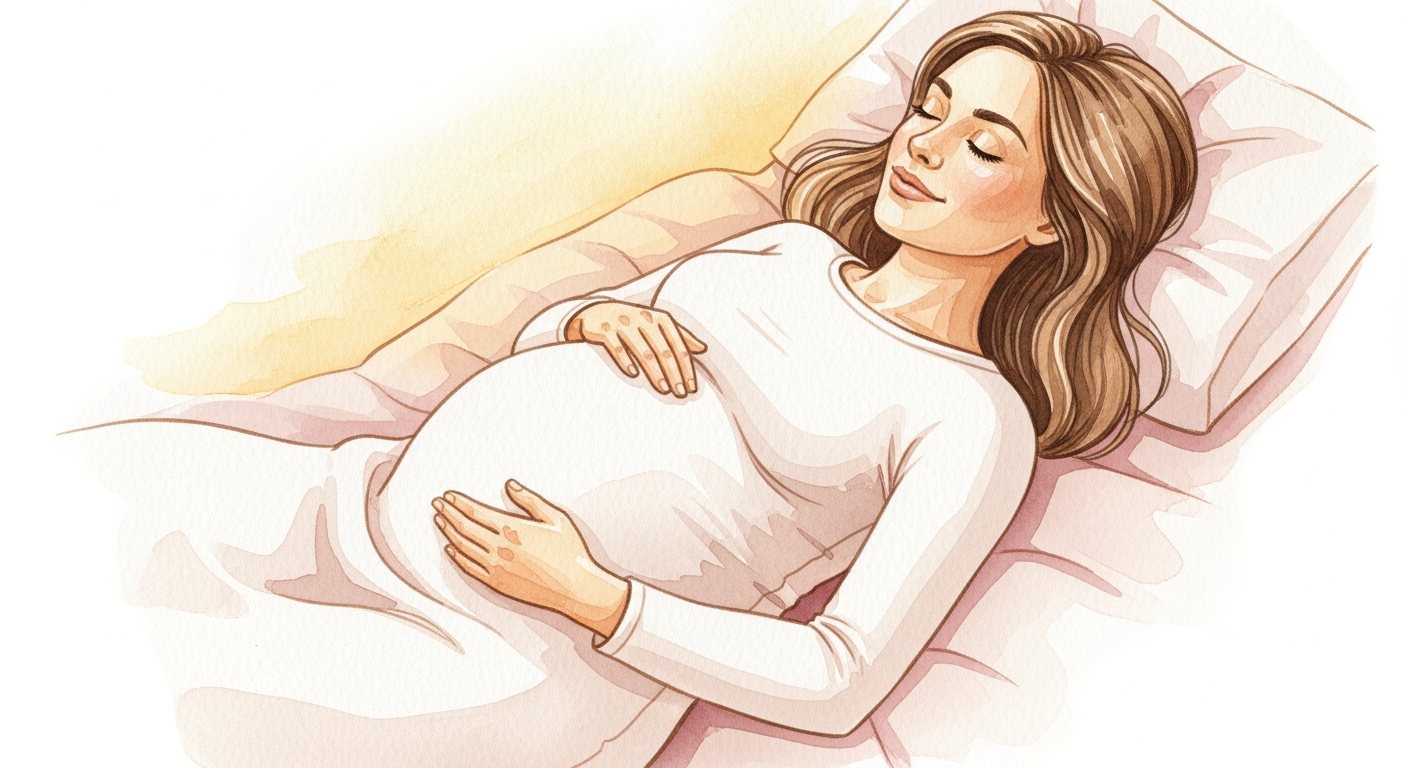 Schwangere Frau in tiefer Entspannung mit Haenden auf dem Bauch, positives Geburts Mindset spueren