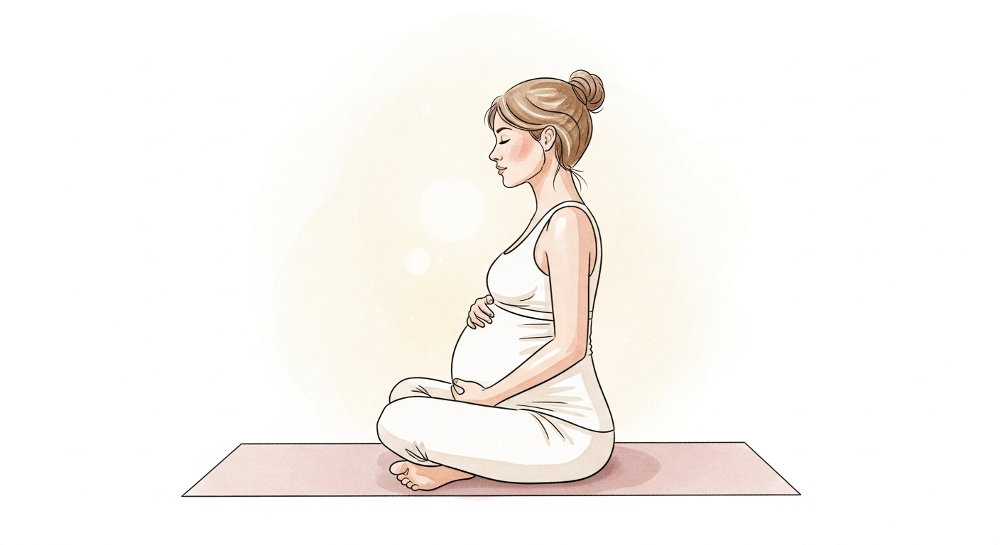 Schwangere Frau in ruhiger Atemübung auf der Yogamatte, Verbindung zum Baby