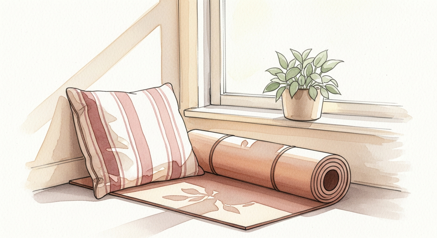 Yogamatte und Kissen am sonnigen Fenster, Einladung zur Yogaroutine in der Schwangerschaft