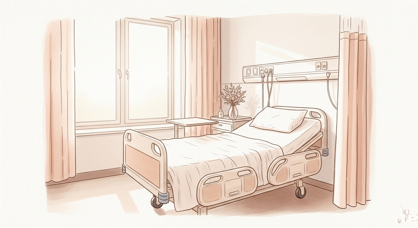 Ruhiger Kreisssaal mit weichem Licht, Sinnbild fuer eine selbstbestimmte Geburt im Krankenhaus