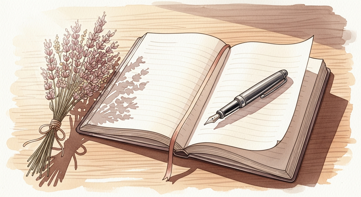 Offenes Notizbuch mit Stift auf Holztisch, Sinnbild fuer das Reflektieren alter Glaubenssaetze