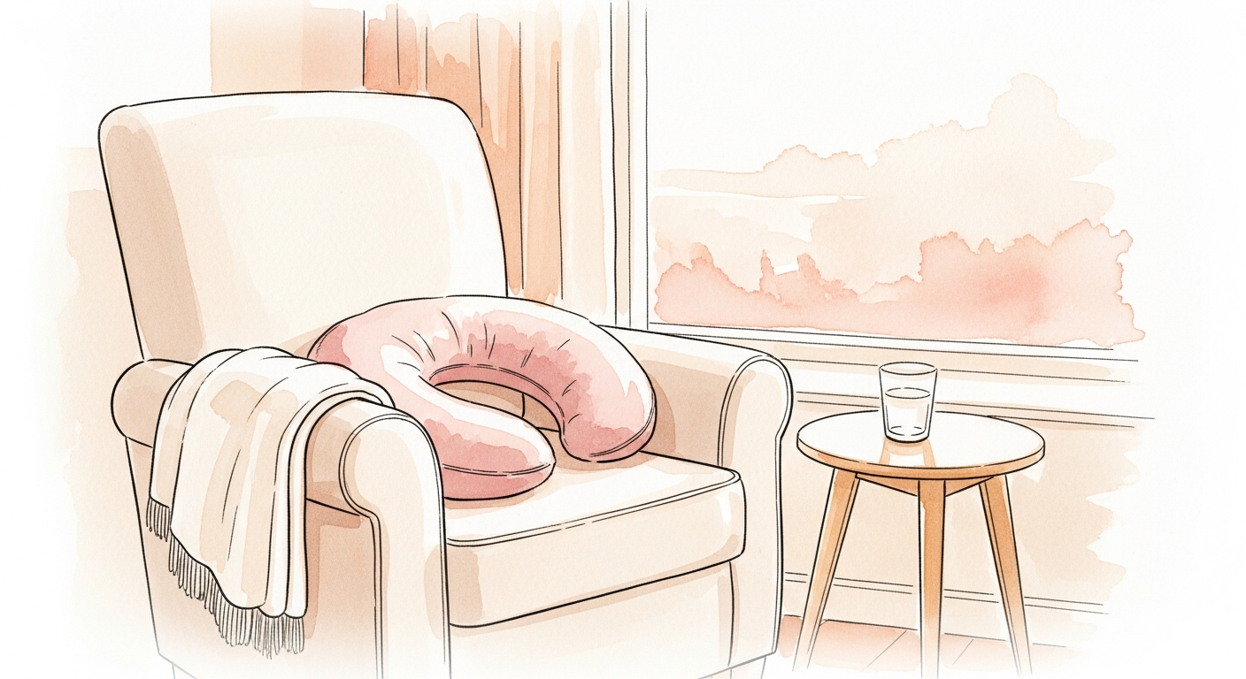 Gemuetliche Still-Ecke mit Sessel, Stillkissen und Decke, Sinnbild fuer einen guten Stillstart