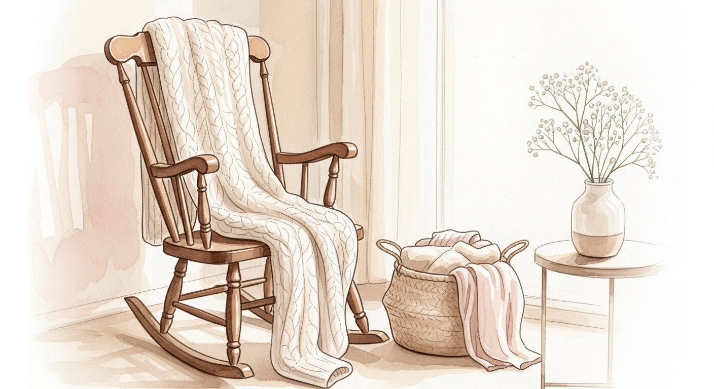 Ruhige Babyzimmer-Ecke mit Schaukelstuhl und Babywäsche als Symbol für das Ankommen des Babys
