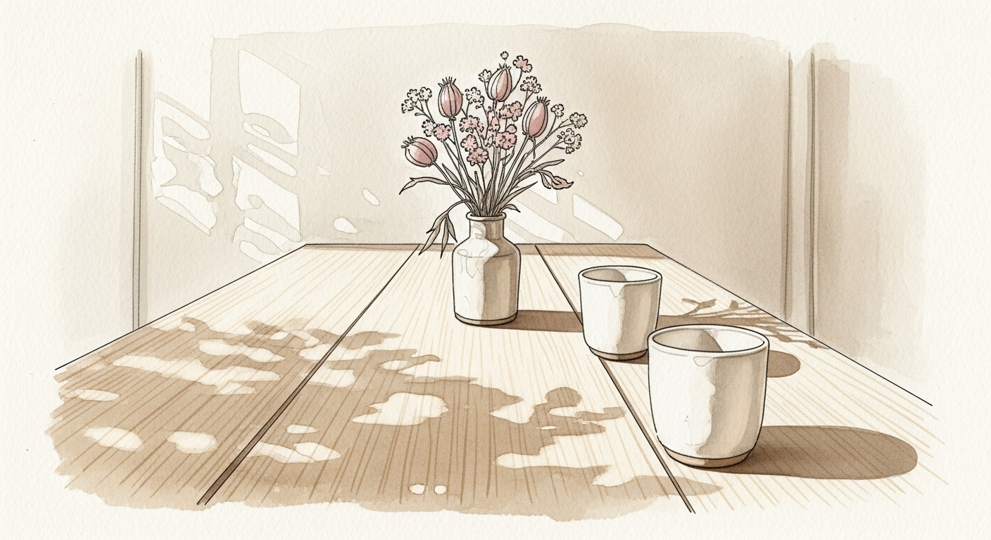 Wenn Kinder schwierig werden: Was wirklich dahinter steckt und wie du damit umgehst 2 Stiller Tisch mit Trockenblumen und Tassen, Sinnbild fuer die Pause, in der wir wirklich hinschauen