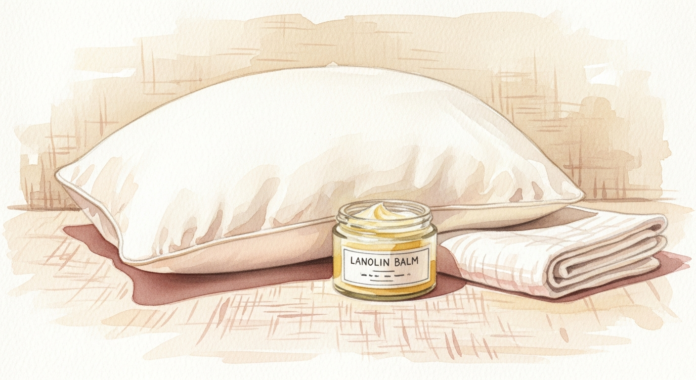 Stillkissen und Lanolin auf einem Tuch, Sinnbild für die Vorbereitung auf einen entspannten Stillstart